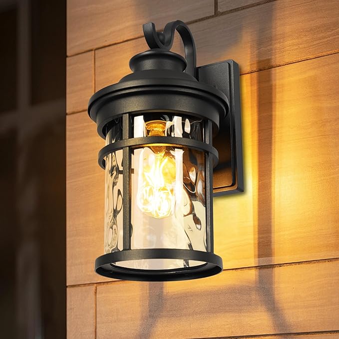 Treekee Outdoor Light Fixture Wall Mount, Modern Exterior Wall Sconce with Water Ripple Glass & E26 Sockets for Front Porch, Farmhouse Rustic Black Wall Lantern Lamp for Patio Garage Home Yard