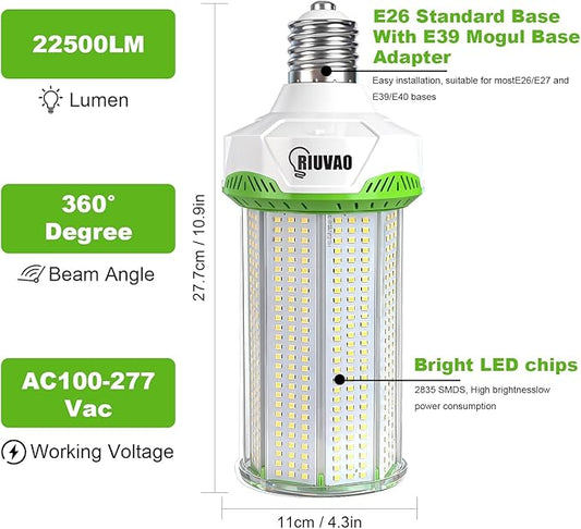 2-Pack 150W LED Corn Light Bulbs,5000K 22500lm,E26/E39 Base,1500W Equivalent LED Corn Light Bulbs for Commercial Industrial Lighting Warehouse High Bay Light Fixture Garage Workshop