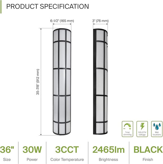ASD 36 Inch LED Outdoor Wall Mount Light Fixture with Grid - Matte Black Modern Wall Sconce - 30W 120-277V 3000K 4000K 5000K Adjustable - Dimmable Exterior Lights - Front Door, Patio - ETL