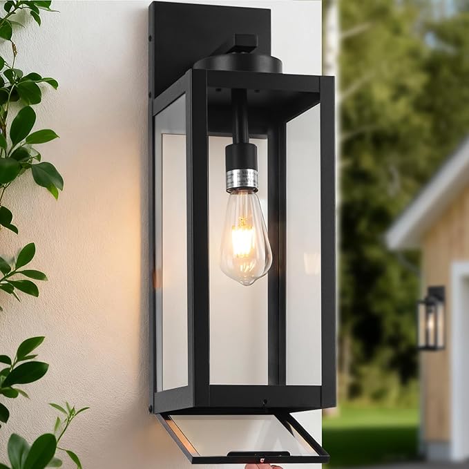1 Pack 20" Large Outdoor Wall Lights with Closed Bottom - Black Outdoor Light Fixture Porch Lantern Wall Mounted, Waterproof Modern Exterior Wall Sconce Coach Lamps for House, E26