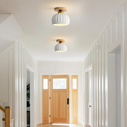 Ceramic Semi Flush Mount Ceiling Light - 2 Pack, Vintage Wood Gold Hallway Light Fixtures, White Globe Ceiling Lights,Mid Century Small Chandelier Light Fixture for Cottage Entryway Laundry Room Foyer
