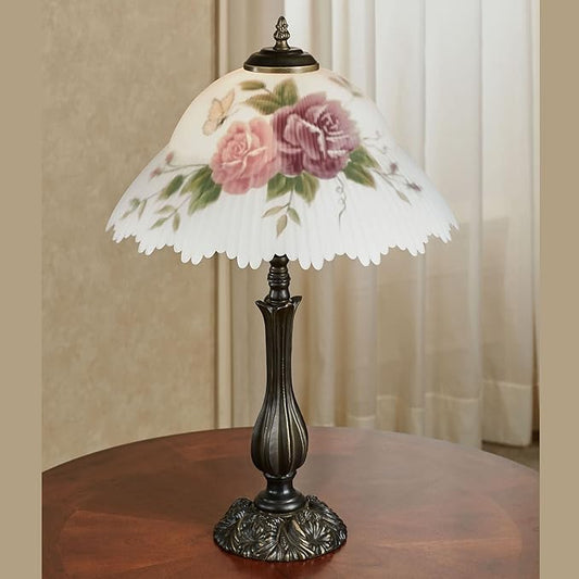Touch of Class Brinley Floral Table Lamp - Bronze - Old Fashioned Desk Lamp for Bedroom, Living Room, Office - Painted by Hand Ruffled Glass Lampshade - Victorian Style Aesthetic