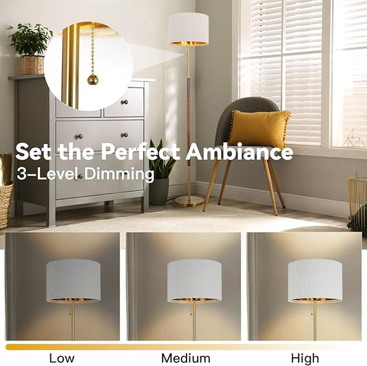 Wood Floor Lamp for Living Room Gold Traditional Farmhouse Floor Lamps Mid-Century Pole Lamp with Linen Lamp Shade, Standing Tall Floor Lamps for Bedrooms and Office (Gold)