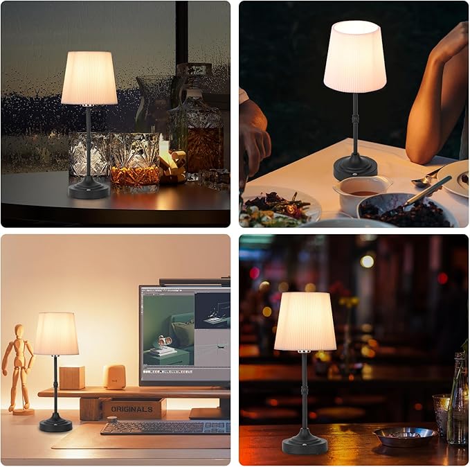 Cordless LED Table Lamp,Portables Fabric Shade Desk Lamps, 5000mAh Rechargeable Battery Powered Lighting, Dimmable Light for Dining Room, Bedroom, Bedside, Night Light, Balcony (Black-02)