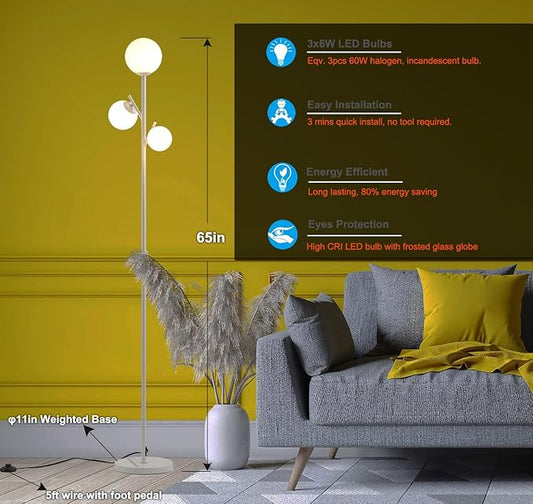 Fiqevs White Mid Century Floor Lamp, Modern 3 Globe Standing Lamp with 3 LED Bulbs & Arcing Frosted Glass Shades, Boho Rustic Tall Tree Lamp for Living Room, Bedroom & Office