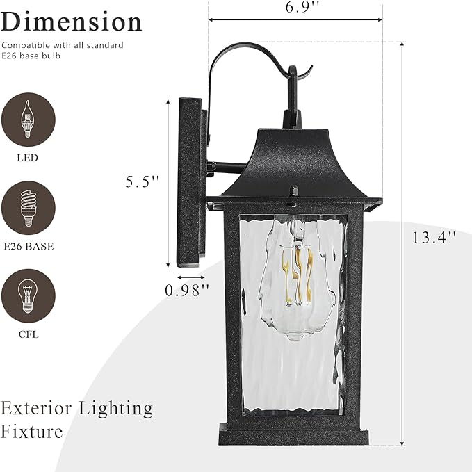 2-Pack Porch Light Fixture,Matte Black Outdoor Wall Sconce Light - 13" Rustproof Aluminum Exterior Lighting with Water Pattern Glass for Patio Yard House Hallway Doorway Garage