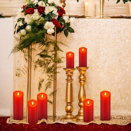 24 Pack Christmas Decoration Flickering Flameless Candles,LED Candles Battery Operated Pillar Candles with Remote Control.for New Year, Home Decor, Parties,Wedding(D2.2 xH 5" 6" 7" Red)