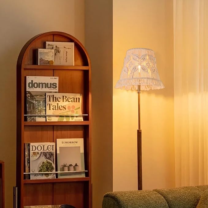 White Ivory Bell Lamp shade Medium Boho Lampshade 7.5``Top x 12``Bottom x 11``High(Spider) Handmade Woven Lamp shade for Table Lamp & Bedside Lamp - Replacement Tassel Lampshade