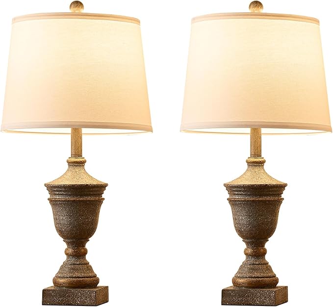 Retro Table Lamps Set of 2, 26.5'' Farmhouse Bedside Lamps with White Fabric Shades, Vintage Nightstand Lamps for Bedroom & Living Room, Bulbs Included