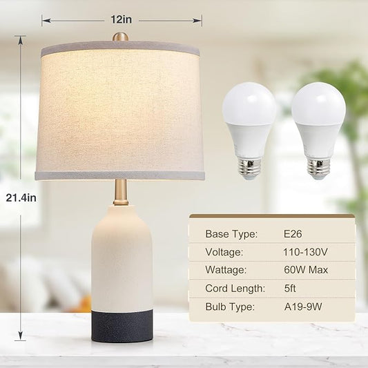 Modern Ceramic Table Lamp Set of 2, Adjustable Color Temperature Bedside Lamps for Night Stands with Fabric Drum Shade, Nightstand Lamps for Bedroom, Living Room, Desk, Includes 2 Bulbs (21.4")