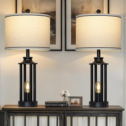 27.5" Black Farmhouse Table Lamps Set of 2, Tall Vintage Lamps for Living Room with USB A+C Charging Ports & AC Outlet, Rustic Bedside Lamp with Night Light, Bedroom Lamp for Nightstand Side End Table