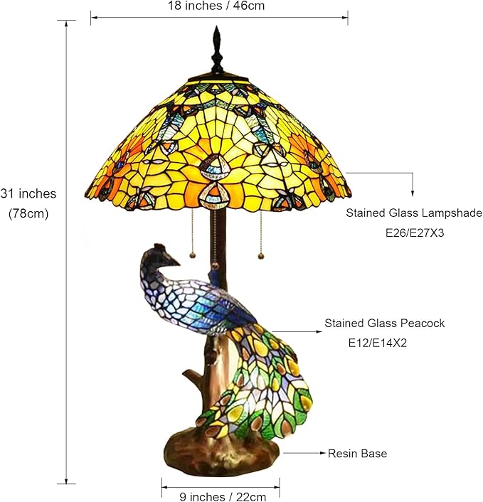 Large Tiffany Table Lamp 18" Wide Handmade Stained Glass Lamp Shade 3 Light Peacock Style Vintage Desk Light for Living Room Bedroom Bedside Reading Light,Peacock