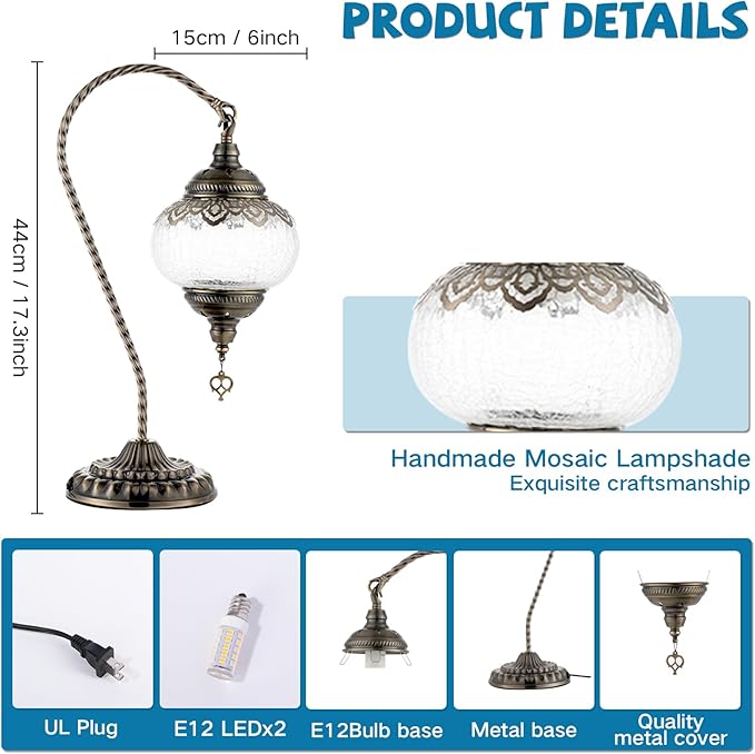 Swan Neck Turkish Moroccan Lamp Handmade Stained Mosaic Glass Vintage Lamp Shade Bohemian Tiffany Style Bedside Night Lamp Lighting for Bedroom Living Room (White)