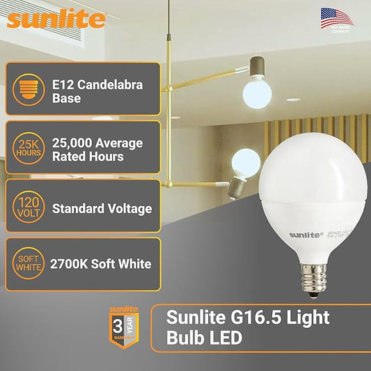 Sunlite G16.5 Light Bulb LED, 5W (40W Equiv.), 350 Lumens, Dimmable, Type G Globe Shape E12 Candelabra Base, Short Bulbs, Vanity Mirror Bulbs, 2700K Soft White, Frosted, 6 Count