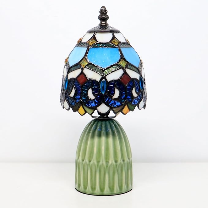 Tiffany Lamp Stained Glass Mushroom Table Lamps 6X6X12.5 Inch Blue Jewelry Baroque Style Small Night Light Ceramic Base Mini Accent Desk Light Suitable for Bedside Table Bedroom Children Room