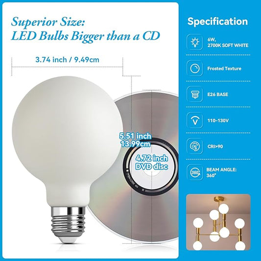 Frosted Edison Bulbs 60 Watt LED Equivalent, No Dimmable 6 Watt Light Bulbs, 2700k Soft White, E26 Standard Base LED Globe Bulb G30/G95 Vintage Bulbs, 2 Pack