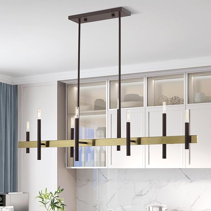 Livex Lighting 49338-07 8 Light Bronze Linear Chandelier, Bronze w/ Antique Brass Accents, 9.25 x 48 x 42