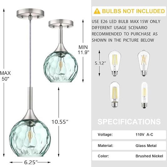6.3" Hammer Green Glass Pendant Light 3 Pack Pendant Ceiling Light Fixture Brushed Nickel Finish Modern Farmhouse Dinning Over Sink Adjustable Height Cord