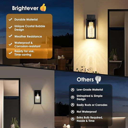 Brightever 2-Pack Outdoor Wall Lights Fixture, Exterior Waterproof 10W Matte Black Outdoor Wall Lanterns Sconces with Crystal Bubble Glass, Modern LED Outside Lights for House, Porch, Garage, Patio