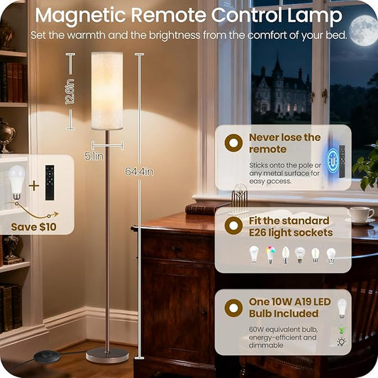 Dimmable Floor Lamps for Living Room with Remote and Foot Switch, 64.4” Modern Standing Tall Lamp, Corner Lamp for Bedroom, Bulb Included, 3000K-6500K, Beige and Brown, FCC Listed VE06LD05W1