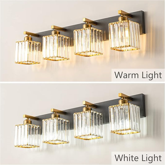 Modern Bathroom Vanity Light 4-Lights Black Gold Crystal Bathroom Wall Light Vanity Light Fixtures๏ผ28.34-inch Modern Minimalist Design