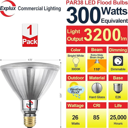 Explux 300 Watt Equivalent PAR38 LED Flood Light Bulbs, Ultra Bright 3200 Lumens, Dimmable, Full-Glass Outdoor Waterproof & Anti-Ageing, 3000K Bright White Spotlight, 1-Pack