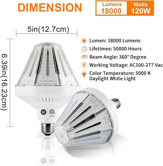 1200W Equivalent Led Corn light bulbs,120W 18000 Lumens LED Corn Bulb 5000K Daylight White Lamp,E26 Medium/E39 Mogul Base,2-Pack Large Area Lights For Outdoor Indoor Garage Warehouse High Bay Lighting