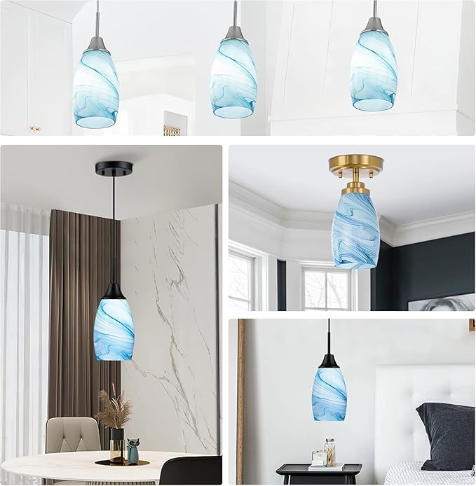 Blue Oval Glass Lamp Shade Only Art Marble Glass Light Shades for Kitchen Island pendant Lights Covers Light Fixture Replacement for Mini Pendant Ceiling Lights Chandelier 1pack