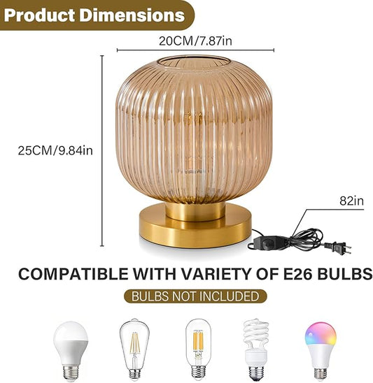 Small Amber Glass Table Lamp: Mid Century Modern Dimmable Nightstand Lamps - Vintage Decor Brass Desk Lamp With Plug - Ribbed Glass Bedside Tables Lamps for Bedroom Living Room Office Bulb Excluded