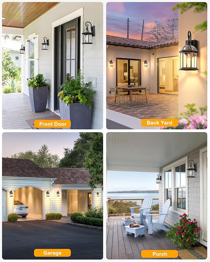 VIANIS 15.7" Large Outdoor Wall Lights, Black Exterior Lighting Fixtures with Tempered Beveled Glass, Anti-Rust Dusk to Dawn Outdoor Lighting for House, Waterproof Outdoor Sconce Lights for Porch