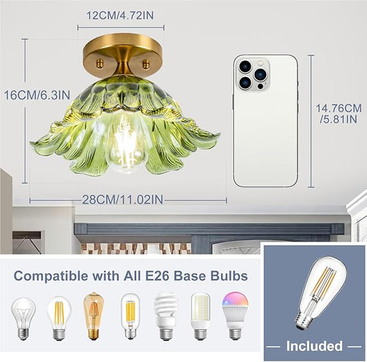 Semi Flush Mount Ceiling Light,Ceiling Light Fixtures 3000K Bulb, Vintage Light Fixtures Green for Closet Hallway Kitchen Dining Room 11"