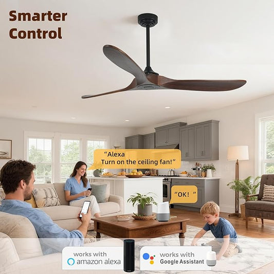 Outdoor Ceiling Fan Without Light, 60 Inch Smart Ceiling Fan with Remote & Voice Control for Alexa/Google, 3-Blade Wood Fan, Quiet DC Motor, 6 Speeds for Patio, Porch, Farmhouse, Dark Walnut