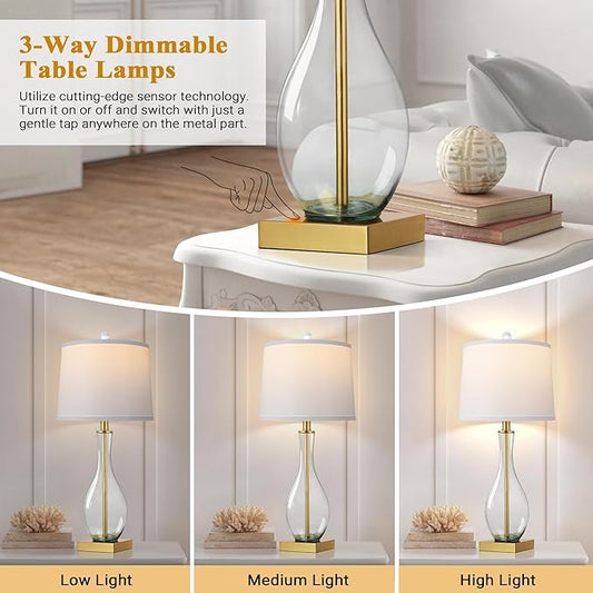 WIHTU Table Lamps Set of 2 with Touch Control, 27" Bedside Desk Lamps for Nightstand Decorations, 3-Way Dimmable Modern Glass Table lamp with USB C and A Charging Ports, Gold (LED Bulbs Included)
