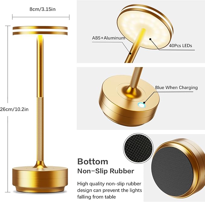Hapfish Rechargeable Cordless Table Lamps, 5000mAh Battery Operated Lamp, 3 Color Modes, Dimmable, LED Table Lamps for Living Room,Outdoor, Dinner,Patio,Restaurantâ Gold