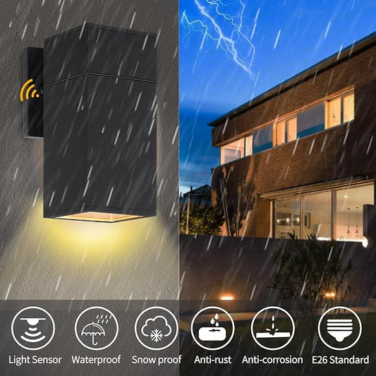 Dusk to Dawn Outdoor Wall Light, Exterior Light - ETL Listed, Aluminum Anti-Rust Waterproof Wall Mount Rectangular Design – Up or Down Photocell Outdoor Lighting for Porch, Garage or Patio