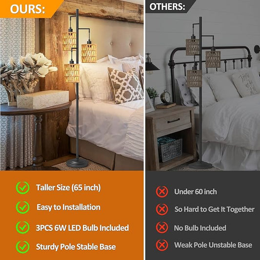 3 Lights Rattan Floor Lamps with ON/Off Foot Switch Tree Standing Lamp with Wood Rattan Lampshades Boho Floor Lamp Tall Pole Lamp for Living Room Bedroom Office, 3 PCS 6W Bulbs Included