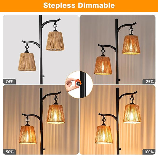 9MMML Rattan Floor Lamp for Living Room, Boho Floor Lamp with 2 Hanging Wicker Lamp Shade, 67'' Farmhouse Dimmable Black Standing Lamp with Rotary Switch for Bedroom, 2 x 800LM LED Bulbs Included