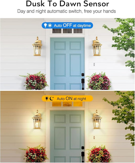 VIANIS Outdoor Porch Lights Wall Mount, Dusk to Dawn Exterior Light Fixture for House, 100% Anti-Rust Aluminum Waterproof Porch Light Outside Wall Lights, Gold Wall Sconce Lanterns for Garage