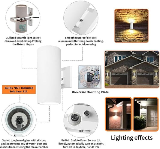 Dusk to Dawn Sensor Outdoor Wall Light, Exterior Lighting - ETL Listed, Die-Casting Aluminum Waterproof Wall Mount Cylinder Design - Up Down Light Fixture for Porch, Garage, Garden and Patio