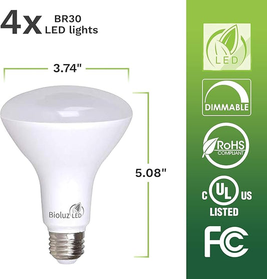 Bioluz LED 4 Pack BR30 LED Bulbs Indoor Flood Lights 90+ CRI 75W Equivalent uses 9.5W 5000K Daylight 850 Lumens E26 Base Dimmable Instant On Interior Home Décor UL Listed FCC RoAS Title 20 Certified