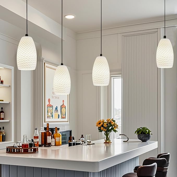 GO&SO 3 Packs Milky-White Ripple Oval Glass Lamp Shades - Hand-Blown Art Glass Pendant Light Fixture, E26 Base, 7.8"H, 1.57" Fitter, Mini Chandelier Replacement Shades Set for Kitchen Dining Room