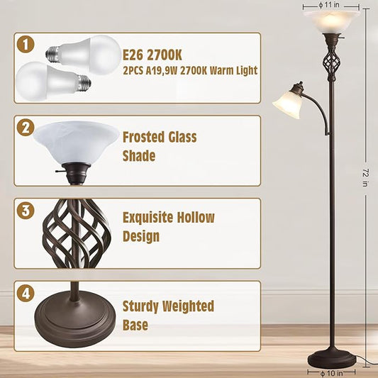 GyroVu Torchiere Floor Lamp for Living Room, LED Standing Reading Light for Bedroom with Glass Shade for Living Room Corner Bedroom Home Office,Bulbs Included (Red Brown,Glass 2 Head)