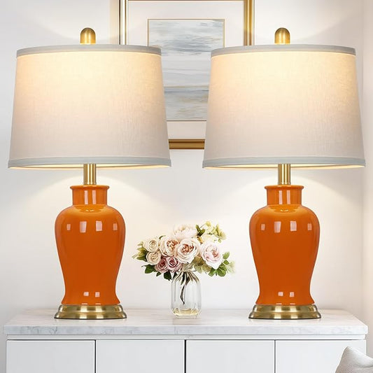 Orange Ceramic Lamps Set of 2, 23" Modern Table Lamps for Living Room, Stylish Bedroom Ginger Jar Lamps, Elegant Bedside Lamp for Night Stand Desk Side End Table Home Decor(Bulbs Included)