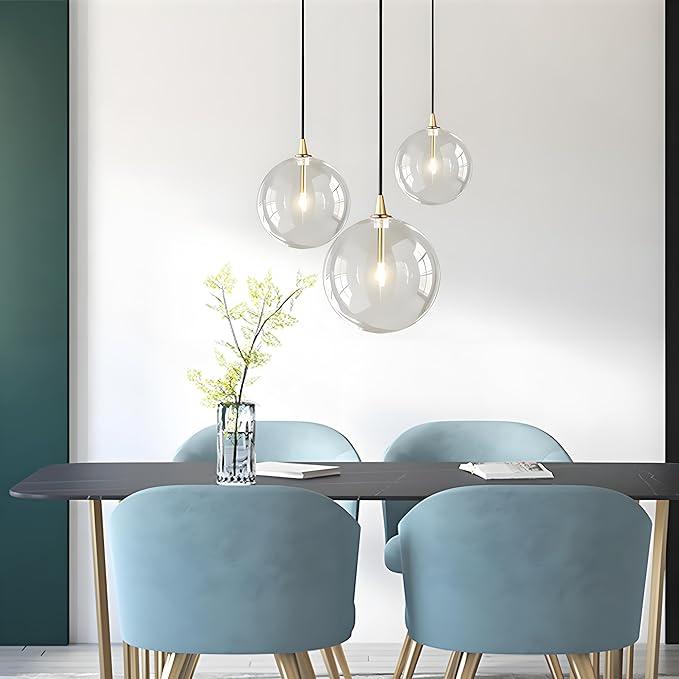 Minimalist Transparent Glass Ball Pendant Light in Gold Finish, Height Adjustable G4 LED Ceiling Haning Light for Dining Room & Living Room (30CM)