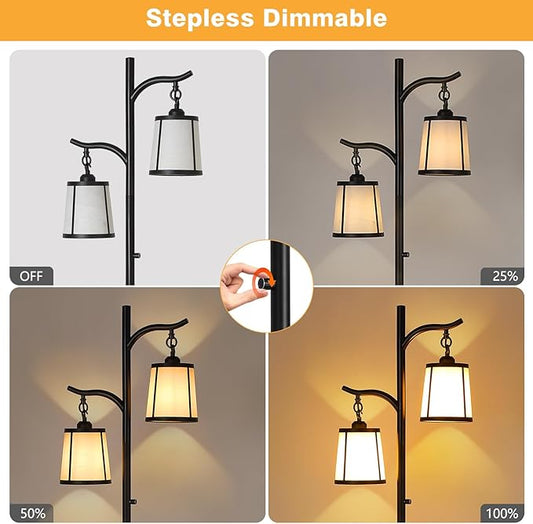 9MMML Farmhouse Floor Lamp for Living Room, 67'' Tall Floor Lamp with 2 Hanging Smooth Faux Leather Lamp Shade, Vintage Black Dimmable Standing Lamp for Bedroom, 2 x 800LM LED Bulbs Included