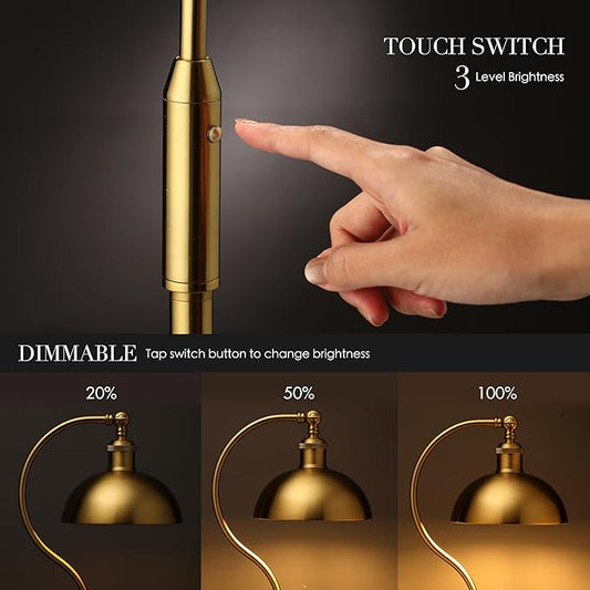 O’Bright Heritage - Banker’s Floor Lamp, 3-Level Touch Dimming, Adjustable Tilt Shade, Removable Lampshade Design, E26 Socket with 6W Dimmable LED Bulb, Gold Metal Shade, Antique Brass