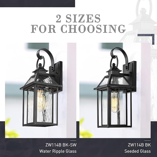 zeyu Exterior Wall Porch Light, 16.3 Inch Outdoor Wall Light Fixture for House in Black Finish, Die-Cast Aluminum with Water Ripple Glass, ZW114B BK-SW