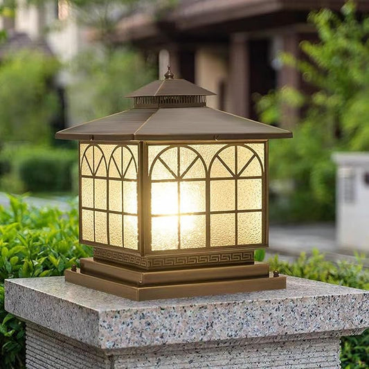 All Copper Steel Glass Outdoor Post Lights, Waterproof Pillar Light, Vintage Patio Lawn Column Lamp,Outdoor Column Lights,Deck Lights, Lantern Fence Lamp Fixture E26 Base (Arch Glass, 12X12IN)