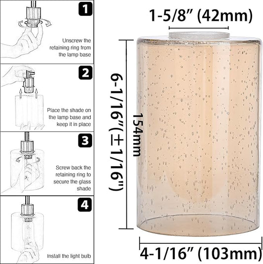 Glass Lamp Shade Replacement Globe & Cover for Light Fixture, 6-1/16" Height 4-1/16" Diameter, 1-5/8 inch Fitter, 5 Pack Amber Seeded Bubble Farmhouse Cylinder Glass Shade