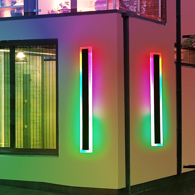 Mikeru 2pack 31.4inch Outdoor Wall Light Fixtures, RGB Modern Outdoor Wall Sconce 10%-100% Dimmable Smart Outdoor Light Fixtures Wall Mount Featuring Multiple Modes and 12 Colors for Patio Entryway
